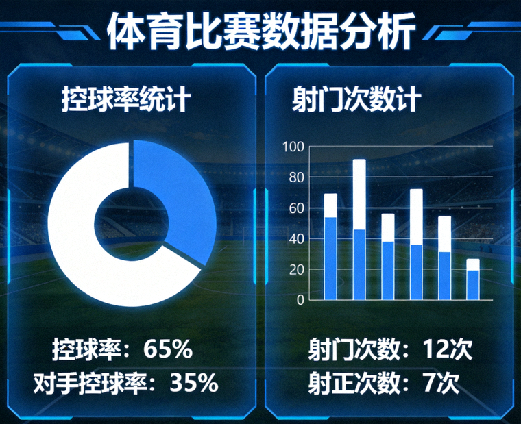 体育比赛数据分析面板界面，展示控球率与射门统计图表
